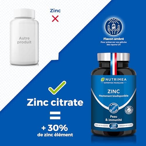 ZINC Citrate - Formule 100% Pure - Haute Absorption - Aide à Lutter Contre l'Acne - Apporte 40 mg de dont 12,5 mg de Zinc Élément (Zn) - 120 Gélules Vegan - Nutrimea - Fabriqué en France - Image 4
