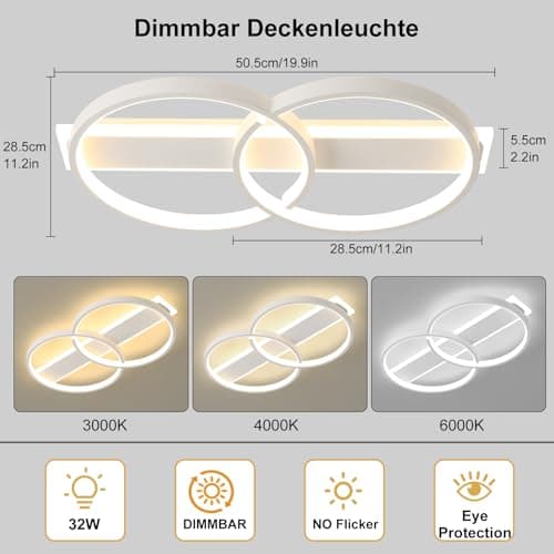 LED Ceiling Light, Dimmable Lamp with Remote Control, Ceiling Light with 2 Round Rings, Modern Ceiling Lighting 3000K-6000K for Living Room, Ceiling Light for Bedroom and Dining Room, White - Image 6