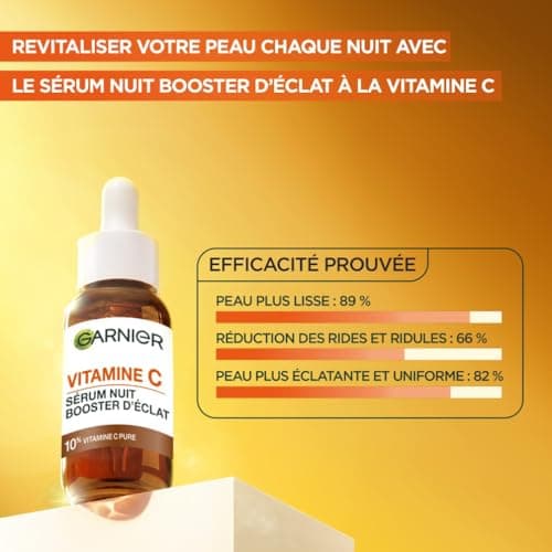 GARNIER Skin Active - Sérum Nuit Booster d’Éclat - Efficace Sur Taches Brunes & Rides - Illumine Le Teint - Vitamine C Pure, Acide Hyaluronique - Vegan & Cruelty Free - Tous Types de Peaux - 30 ml - Image 3