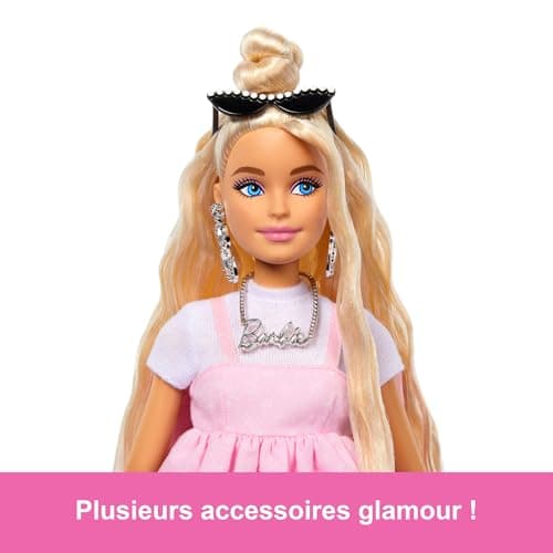 Barbie Deluxe Style Barbie Doll in Barbiecore Fashion Outfit with Blonde Hair Styled in High Bun Pastel Pink Dress with Big Bow and Accessories Such as Fishnet Tights HYV27 - Image 5