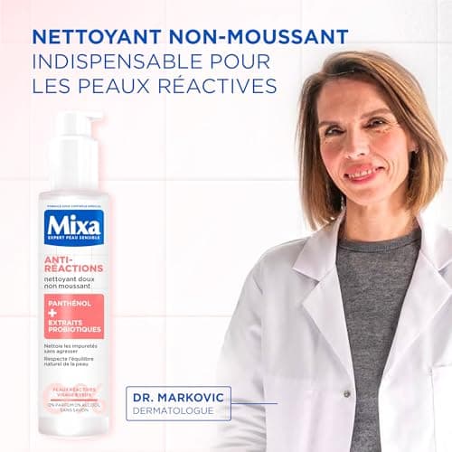 MIXA - Nettoyant Visage Anti-Réactions - Elimine les Impuretés Sans Agresser - Non Moussant, Sans Parfum, Sans Savon - Panthénol + Extraits Probiotiques - Tous Types de Peaux Réactives - 150 ml - Image 6