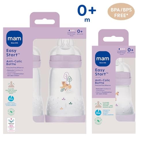 MAM Pretty Girl Lot de 2 biberons anti-coliques pour nouveau-né 260 +1 biberons anti-coliques 160 ml avec tétine taille 1 (à partir de la naissance) - Image 3