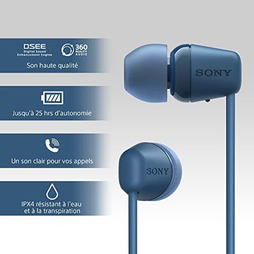 Sony WI-C100 Wireless Bluetooth Earphones - Up to 25 Hours of Battery Life - Built-in Microphone for Phone Calls - Compatible with Voice Assistants - Blue - Image 6