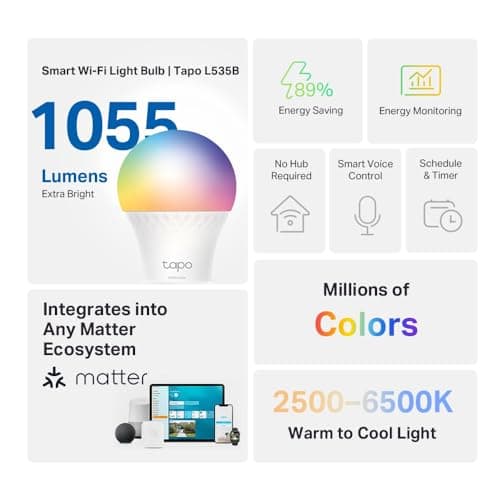 Tapo Ampoule intelligente B22 Matter, surveillance de l'énergie, extra lumineuse 1055 lm, ampoule intelligente 8,6 W, intensité variable, ampoules Alexa réglables, commande vocale avec Apple HomeKit, - Image 8