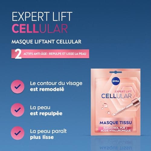 NIVEA Cellular Expert Lift - Masque Tissu Visage Liftant Anti-Age - Hydrate, Raffermit, Nourrit, Lisse & Réduit Rides - Collagène Booster - Acide Hyaluronique & Bakuchiol - Tous Types De Peaux - x 1 - Image 3