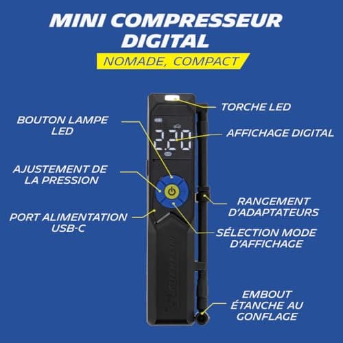 MICHELIN 009528 Mini Wireless Compressor – Rechargeable Lithium Battery 2500 mAh – 10 Bars – Programmable Pressure – Portable Electric Inflator – Presta, Schrader Tips, Balloons - Image 3