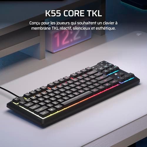 Corsair K55 Core TKL RGB Gaming Keyboard - Tenkeyless, 8 RGB Zones, Silent Membrane Keys, Splash Resistant, Multimedia Keys, 1000Hz - FR Layout - Black - Image 3