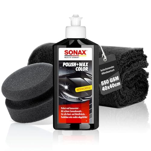 Sonax Polish & Wax Color Car Polish Kit Black 250ml + Polishing Sponge + Polishing Cloth | Polishing Paste for Dark Metallic Paints to Remove Small Scratches - Image 2