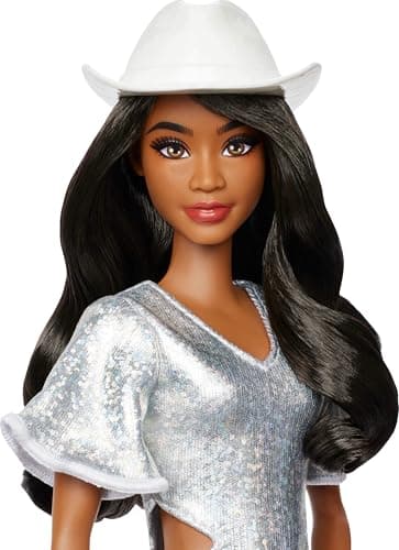Barbie Barbie Fashionistas Silver Dress Doll with Black Hair, White Cowboy Hat and Boots - Image 4