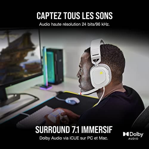 Corsair HS80 RGB USB Premium Gaming Headset with Dolby 7.1 Surround Sound (Broadcast Quality Microphone, Breathable Microfibre Fabric, High-Fidelity Audio, Durable Construction) White - Image 4