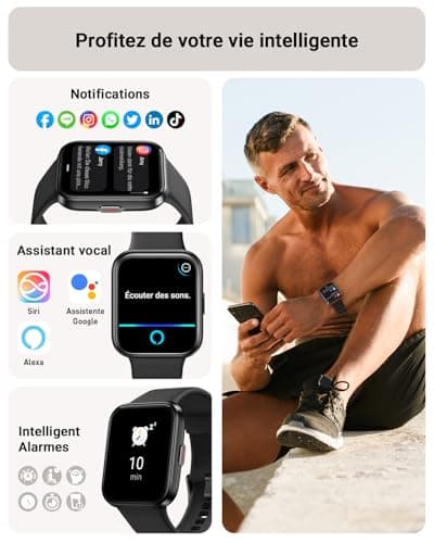 Men's Smart Watch, 1.85 Inch Women's Smartwatch for Samsung iPhone Android, Alexa Built-in 3ATM 100+ Sports Modes SpO2/Sleep/Heart Rate/Pedometer/Calories Monitor Black - Image 4