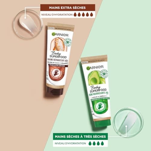 Garnier Body Superfood - Baume Mains Réparateur 48H au Beurre de Cacao & Céramide - Formule Vegan à 98% d'Ingrédients d'Origine Naturelle - Pour Mains Extra Sèches - 75 ml - Image 8