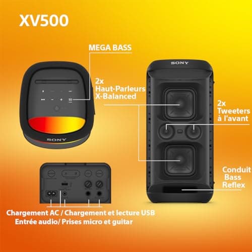 Sony SRS-XV500 - Enceinte Party Box pour la fête sans fil Bluetooth avec son puissant et MEGA BASS- Autonomie de 25 heures, portable, éclairage LED, Party Connect, IPX4, prises Karaoke Mic/Guitar-Noir - Image 6