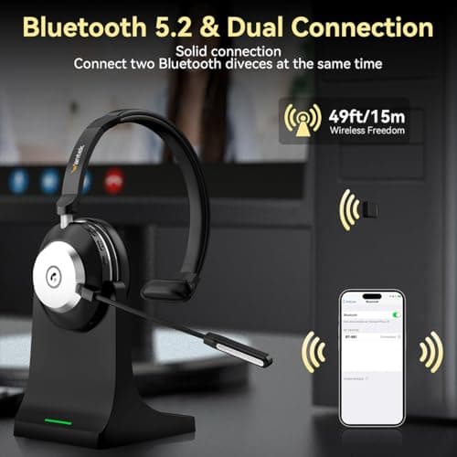 Casque Bluetooth sans fil avec microphone pour PC, casque d'ordinateur V5.2 avec micro antibruit, dongle USB, base de charge et bouton muet pour le travail, les téléphones portables, les ordinateurs - Image 7