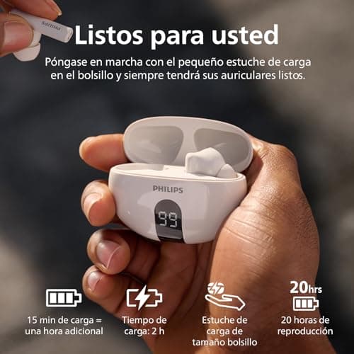 Philips TAT2520WT True Wireless Bluetooth Noise Cancelling Earphones - Small Earbuds, Natural Sound, Dynamic Bass Function - Pocket Charging Box, Clear Calls - White - Image 6
