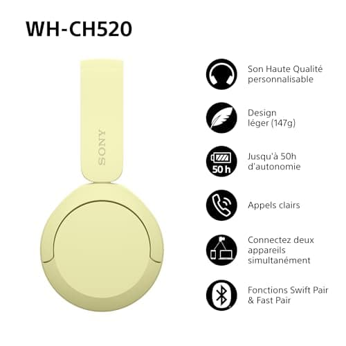 Sony WH-CH520 - Wireless Bluetooth Headphones, Multipoint, Built-in Mic - Up to 50 Hours of Battery Life and Fast Charge - Yellow - Image 4