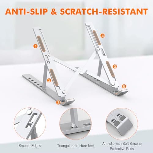 GRIFEMA GB1054 Adjustable Laptop Stand, Foldable Aluminum PC Stand 6 Levels Height, Compatible with MacBook Air/Pro, Dell 10-17.3 Inch, Lightweight and Stable – Silver - Image 7