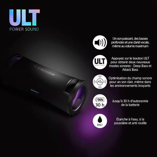 Sony ULT Field 7 - Enceinte Portable sans Fil Bluetooth ULT Power Sound, Modes Son Deep Bass & Attack Bass, HP X Balanced, 30h d'autonomie, IP67, Waterproof, Eclairage LED, entrée Mic, Guitare - Noir - Image 4