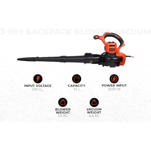 BLACK+DECKER 3000W Leaf Blower, Vacuum and Grinder 3-in-1 with 72L Collection Backpack, BEBLV300-QS - Image 6