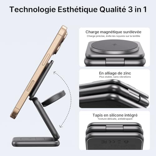 Wireless Induction Charger, 3 in 1 Mag-Safe Charger [Zinc Alloy] Foldable Magnetic Travel Charging Station for Apple iPhone 16/15/14/13/12/Pro/Max/Plus Apple Watch AirPods, Grey - Image 6