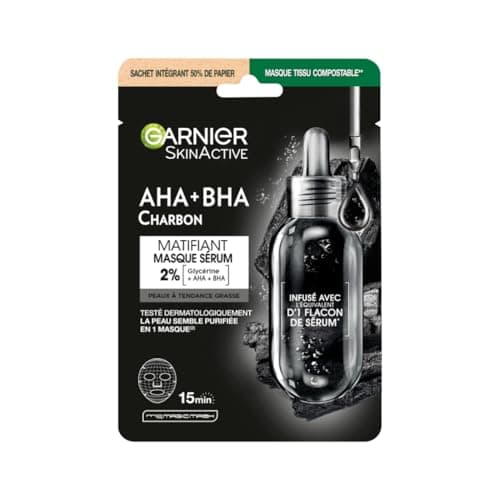 GARNIER Skin Active - Masque Visage Tissu Charbon Végétal - Réducteur De Pores & Hydratant - Charbon Pur, Acide Hyaluronique, LHA & Algue Brune - Vegan & Cruelty Free - Peaux Sensibles - x1 - Image 2