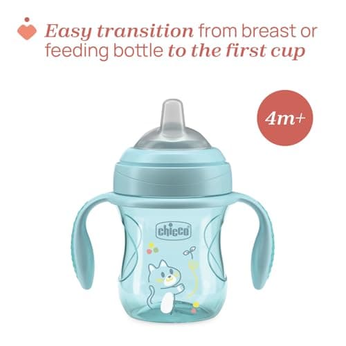 Chicco Transition Cup Drip Proof Baby Cup 200ml, 1 Bottle Cup 4+ Months for Learning to Drink, with Ergonomic Silicone Spout, Double Anti-olic Valve, BPA Free - Azure - Image 5