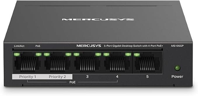 Mercusys TP-Link MS105GP 5 Port Gigabit PoE+ Switch, 4 PoE+ Ports, 65W for All PoE Ports, Metal Housing, Plug-and-Play, Durable and Quiet