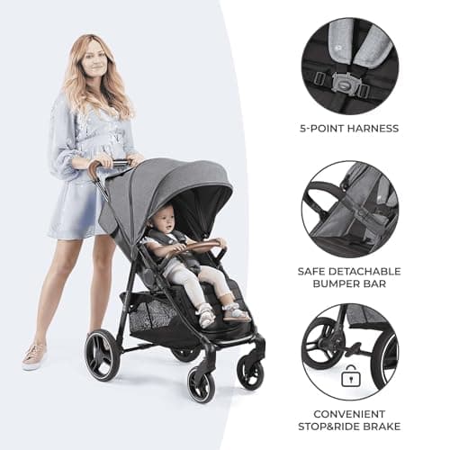 Kinderkraft GRANDE PLUS Poussette Canne dès la Naissance jusqu’à 22 kg, Pliage d'une seule main, Position allongée, Capote extensible, 4 Roues amorties, Gris - Image 7