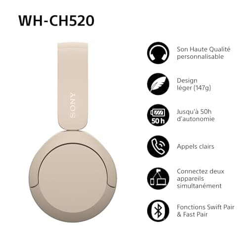 Sony WH-CH520 - Casque Bluetooth sans Fil, Multipoint, Micro intégré - jusqu'à 50 Heures d'autonomie et Charge Rapide - Beige - Image 3