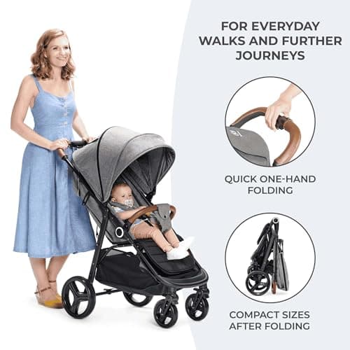 Kinderkraft GRANDE PLUS Poussette Canne dès la Naissance jusqu’à 22 kg, Pliage d'une seule main, Position allongée, Capote extensible, 4 Roues amorties, Gris - Image 4