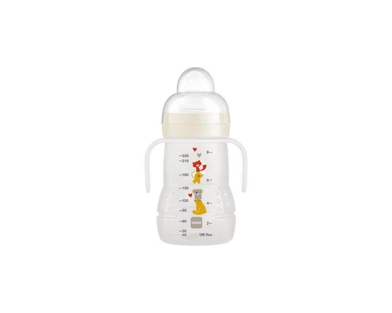 MAM | Transition Bottle 4+ Months (220 ml) White - Training Bottle with 1 Quick Flow 3 Teat + 1 Leak-Proof Spout - Feeding Bottle with Ergonomic Handles for Learning to Drink Like a Big
