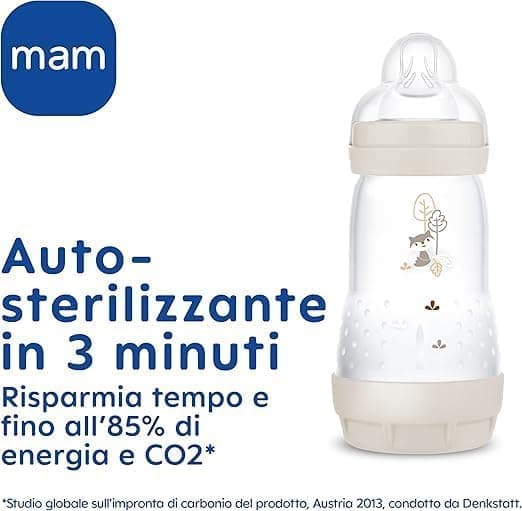 Mam Ensemble de 8 biberons de 130 ml, 160 ml et 260 ml, 1 tétine Start Nanò, 4 disquettes, 1 bec souple et poignées, couleur beige - 730 g, 14,2 x 16,8 x 21,2 cm ; 720 grammes - Image 7