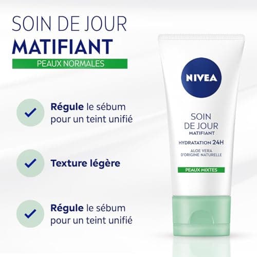 NIVEA - Soin De Jour Matifiant - Crème Visage Hydratation Intense 24H - Réduit Le Sébum & Unifie Le Teint - Aloe Vera Bio & Minéraux - Texture Fondante - Vegan - Peaux Mixtes - 50 ml - Image 3