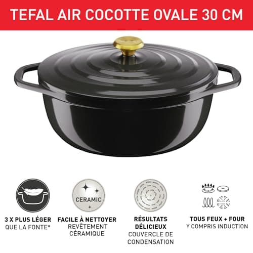 Tefal Cast Iron Casserole Oval 30 x 23 cm (5.7 L), Induction, Ceramic Coated, Condensing Lid, Heat Retention, Slow Cooking, Light, Air, Grey E2558904 - Image 4