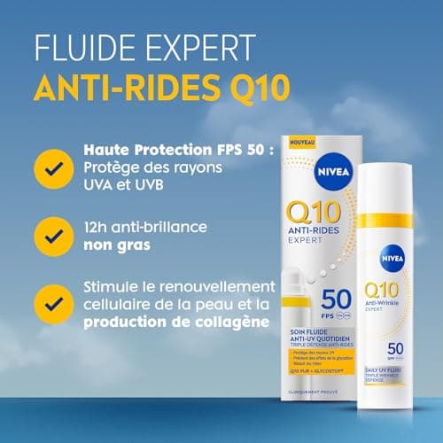 NIVEA Q10 Anti-Rides Expert - Fluide Anti-UV Quotidien FPS 50 - Soin Visage Combleur De Rides - Haute Protection UVA/UVB - 12H Anti-Brillance - Q10 Pur & Glycostop - Tous Types De Peaux - 40 ml - Image 3