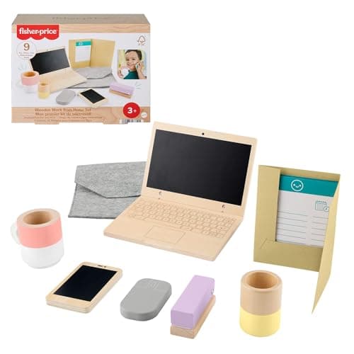 Fisher-Price HXV11 9 Piece Wooden Telework Set with Laptop and Wooden Phone for Imitation Play for Children from 3 Years Old - Image 2