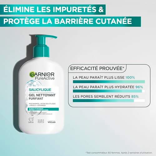Garnier Pure Active - Gel Nettoyant Moussant - Purifie, Hydrate & Élimine Les Impuretés - Acide Hyaluronique, Céramide, Argile - Vegan & Cruelty Free - Tous Types de Peaux - 250 ml - Image 4