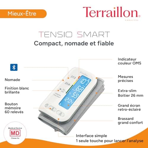 TERRAILLON – TENSIO SMART, Blood Pressure Monitor Connected Arm, Bluetooth, Blood Pressure, Heart Rate, Color Indicators, 2 Profiles, 60 Memories, Armband Dim. 22-32 cm, White - Image 6