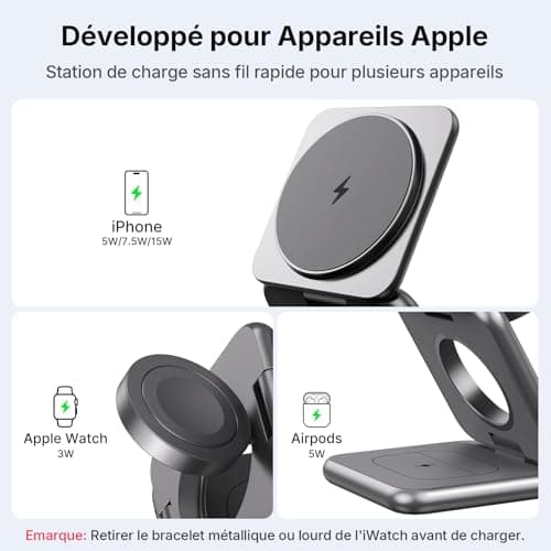 Wireless Induction Charger, 3 in 1 Mag-Safe Charger [Zinc Alloy] Foldable Magnetic Travel Charging Station for Apple iPhone 16/15/14/13/12/Pro/Max/Plus Apple Watch AirPods, Grey - Image 7