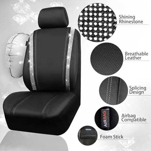 CAR PASS Waterproof Leather Car Seat Covers, Bling Diamond Shiny Sparkling Crystal, Universal for 95% of All Automobiles Trucks SUV Women Men (Front, Silver) - Image 4