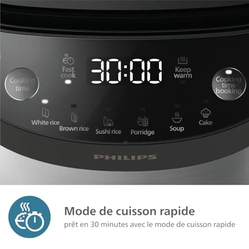 Philips 3000 Series Rice Cooker - Compact 0.85 L, 8 Automatic Menus, 4-Layer Non-Stick, Quick Cook in 30 Minutes, Black and Silver Design (HD3093/80) - Image 6