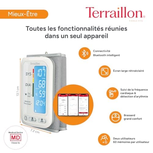 TERRAILLON – TENSIO SMART, Blood Pressure Monitor Connected Arm, Bluetooth, Blood Pressure, Heart Rate, Color Indicators, 2 Profiles, 60 Memories, Armband Dim. 22-32 cm, White - Image 4
