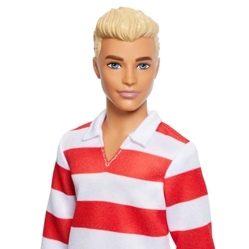 Barbie Ken Fashionistas Doll with Blonde Hair, Wearing Red and White Striped Polo Shirt with Pink Shorts, White Sports Socks and Sneakers, HYV01 - Image 3