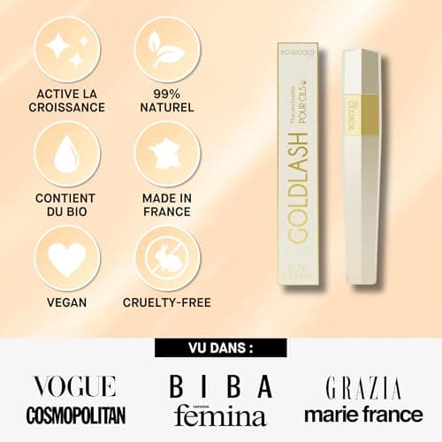 ROSEGOLD GOLDLASH Mascara booster pour cils Épaissit Allongé. Améliore la croissance et la pousse des cils - 99% Naturel Fabriqué en France - Sans hormone Sans parfum - Vegan - Image 6