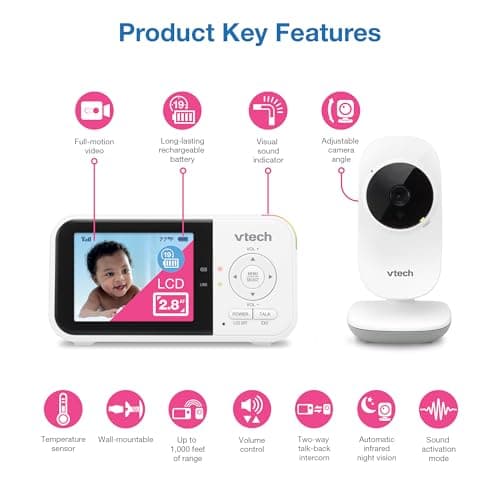 VTech VM819 Baby Video Monitor with 19 Hours Battery Life 1000ft Automatic Night Vision 7cm Screen 2-Way Audio Temperature Sensor Energy Saving Mode and Lullabes, White - Image 3