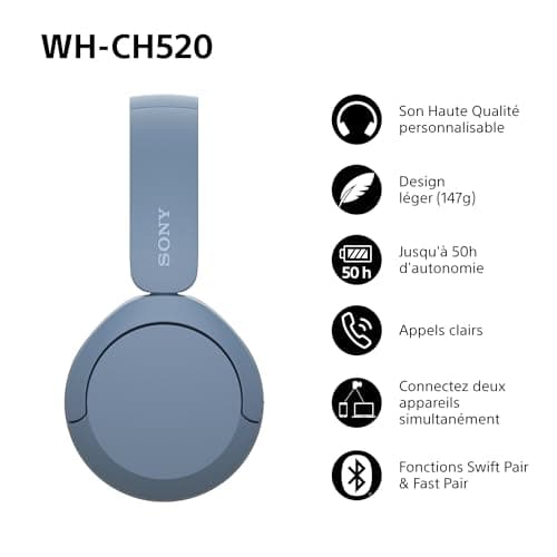 Sony WH-CH520 - Casque Bluetooth sans Fil, Multipoint, Micro intégré - jusqu'à 50 Heures d'autonomie et Charge Rapide - Bleu - Image 3