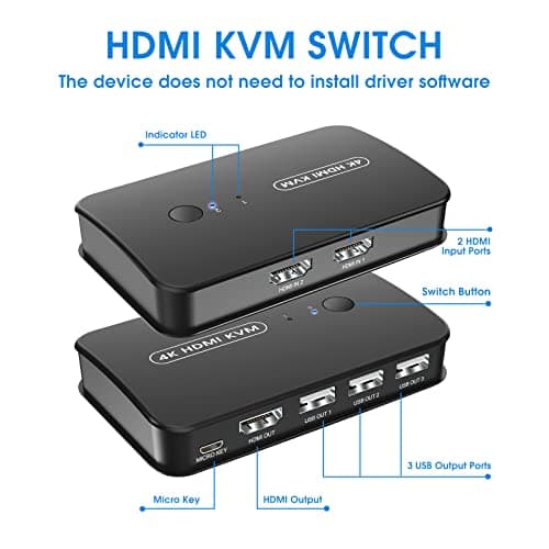 KVM Switch 2 PC 1 Monitor, HDMI and USB KVM Switch, 4K@30Hz, KVM Switches Sharing Monitor and 3 USB Device, 2 KVM Cables Included - Image 7