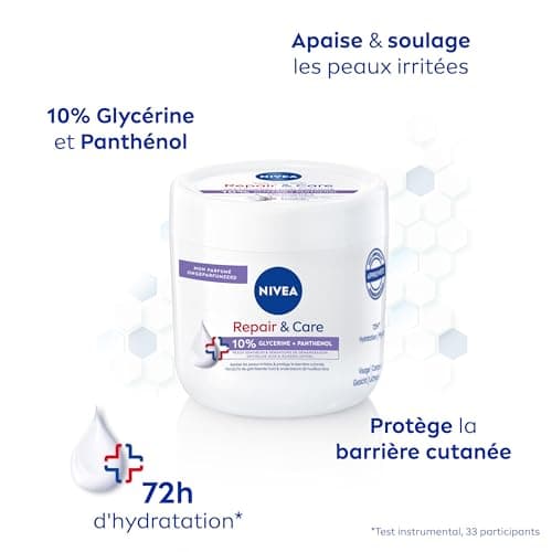 NIVEA REPAIR & CARE Baume Réparateur Visage, Corps & Mains Peaux Sèches & Sensibles (1 x 400 ml), Crème à la glycérine & panthénol anti-démangeaison, Soin corps hydratant non parfumé 72H - Image 4