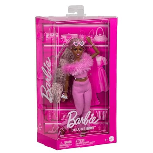 Barbie Deluxe Style Barbiecore Doll, Brown and Pink Braids, Faux Fur Neck Top Set, Fabric Trousers and Costume Accessories, HYV28 - Image 7