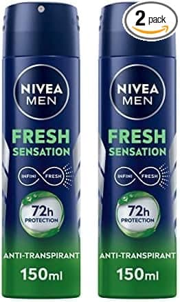 Nivea Men NIVEA MEN Déodorant spray Fresh Sensation (1 x 150 ml), Déodorant homme fraîcheur 72 h, Anti-transpirant parfumé longue durée à la formule INFINIFRESH unique (Lot de 2)